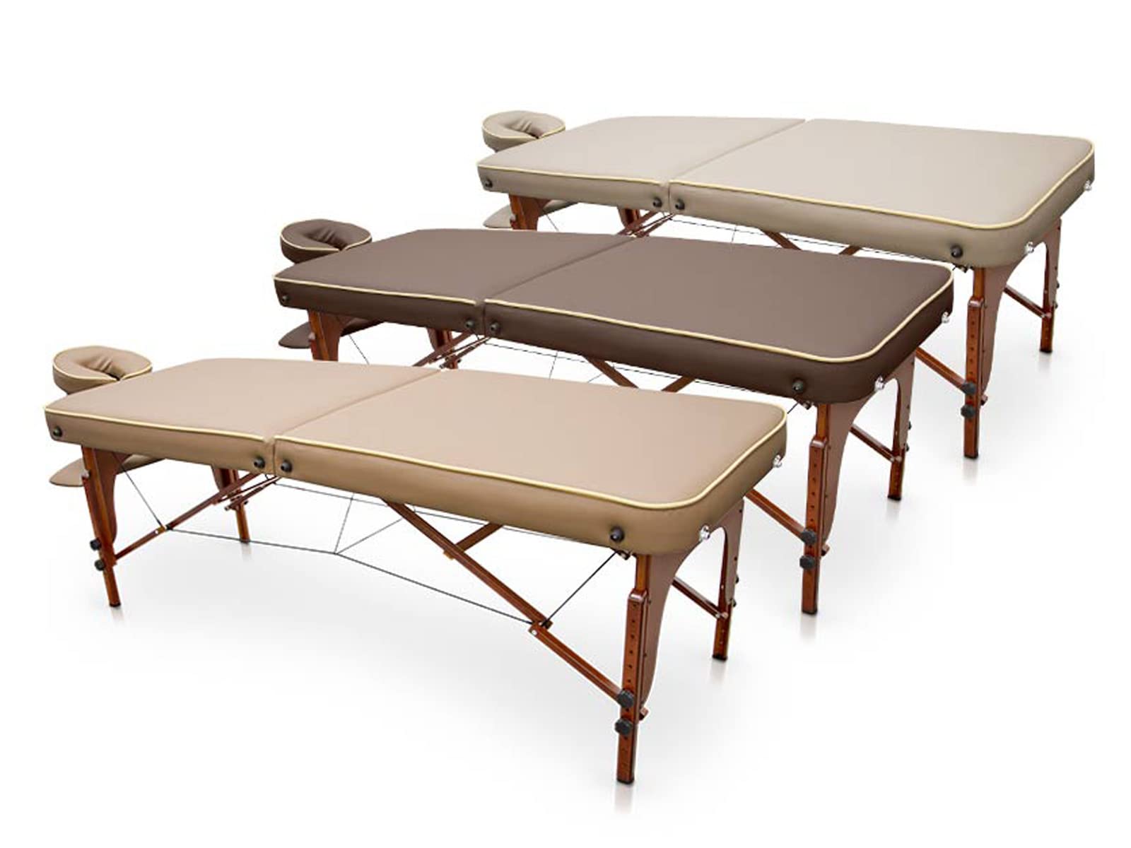 QUIRUMED Lettino da massaggio per SPA, portatile, in legno, colore beige, legno verniciato, similpelle, imbottitura ad alta densità, altezza regolabile, pieghevole, testa rimovibile, fino a 210 kg
