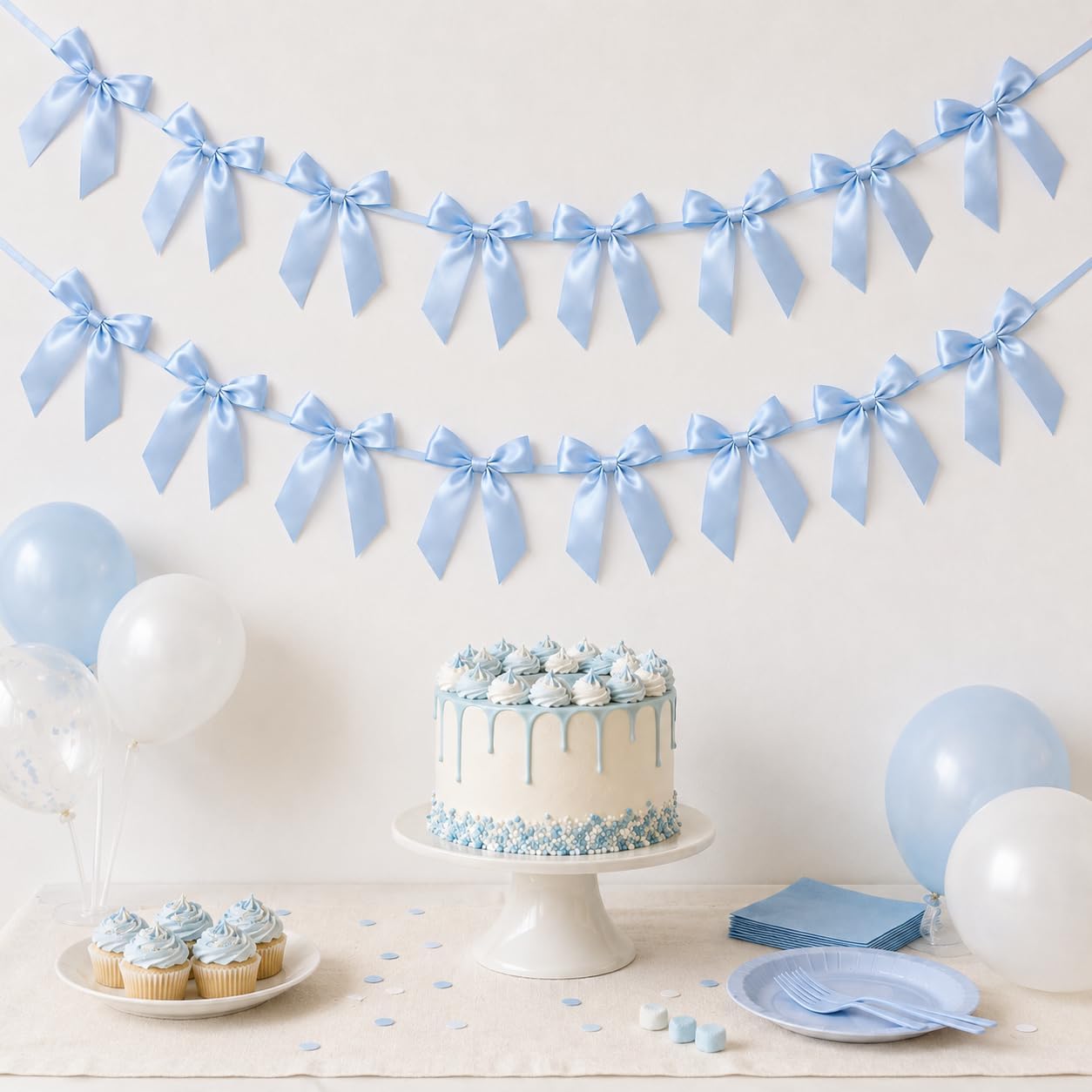 2 Pack Bow Garland Banner, 8.3 ft Pre-Strung Satin Ribbon Bow Decorations for Birthday Party, Baby Shower, Bridal Shower, Bachelorette, Wedding, Coquette Party Decor, Blue