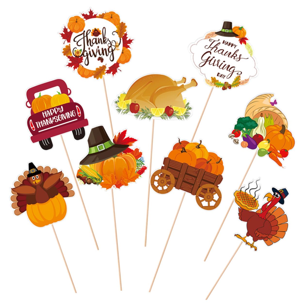 Unomor 9pcs Thanksgiving Party Decoration Vase Inserts Festive Centerpiece Sticks for Fall Gatherings Your Table Decor Pumpkin and Turkey Designs