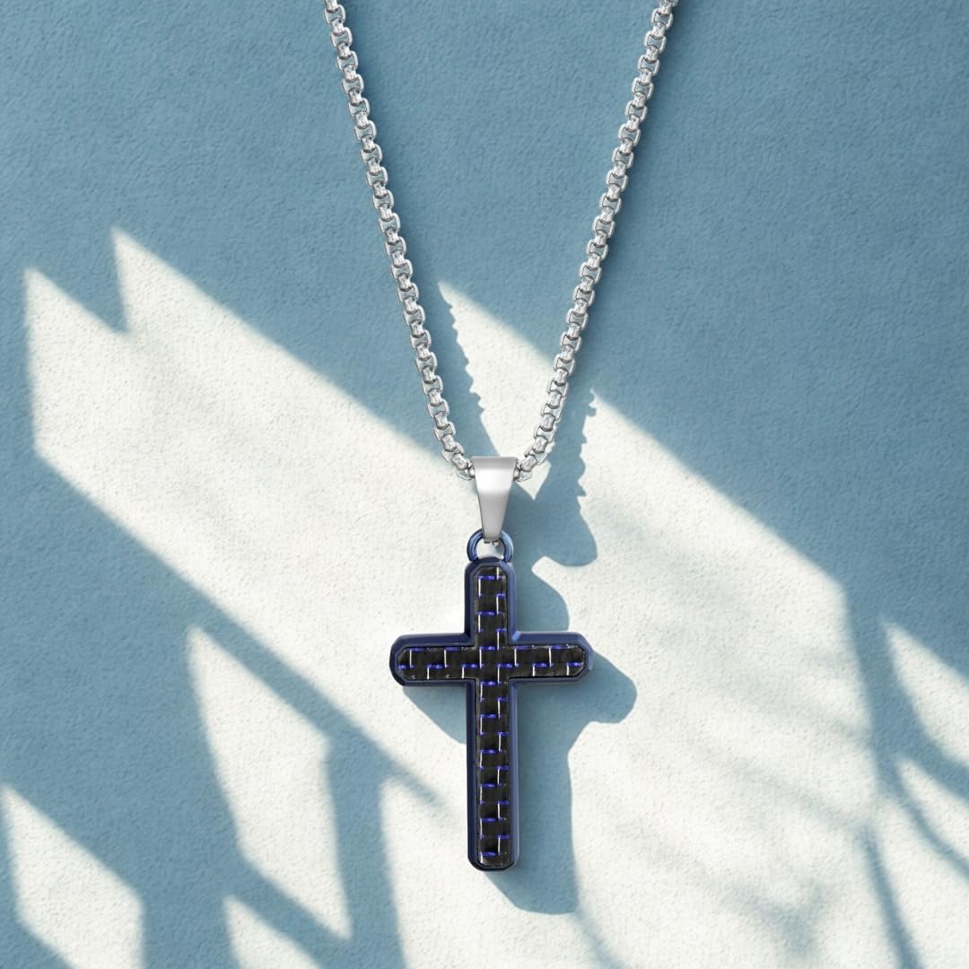 Nautica Blue Carbon Fiber Black Cross Necklace for Men Stainless Steel 24 Inches