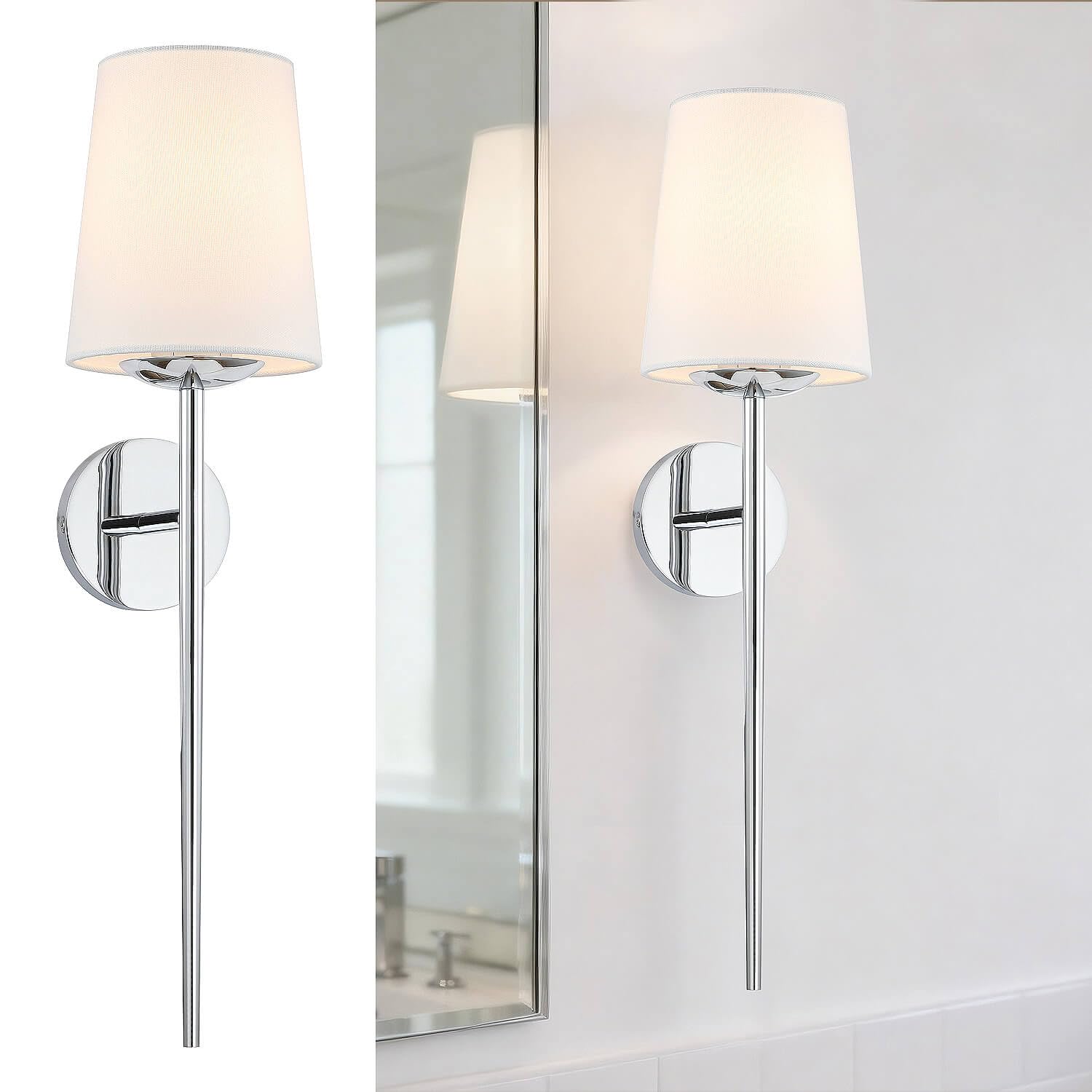 XiNBEi Modern Chrome Bedroom Wall Lamp, Sconce Lights with Fabric Shade, Single Wall Lights for Bedroom Corridor Hallway Living Room NL-W408-CH