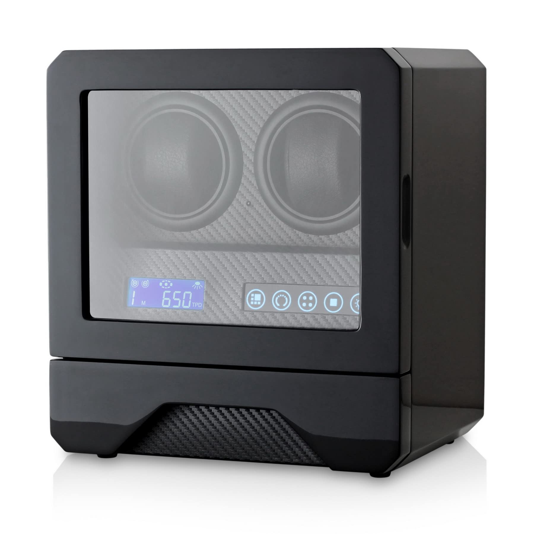 Double Automatic Watch Winder with Storage Drawer, LED Backlight and Motor-Stop Option (Black)