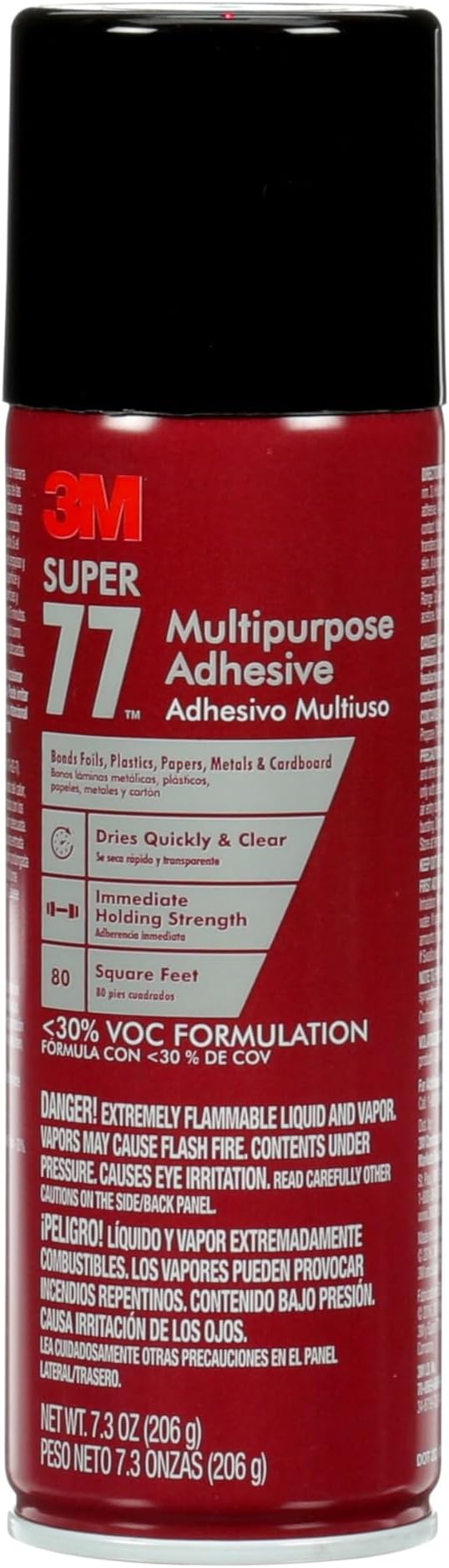 Super 77 Multipurpose Spray Adhesive, Low VOC, 7.3 oz., Meets California VOC requirements, Use on Wood, foam, Fiberglass, Glass, Leather, Paper, Plastic, Rubber, Fabric (77-10VOC30)