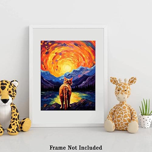 Miniatura 4 de Bestbuddy Pet 11x14 noche estrellada sin marco gato americano de pelo corto mirando más allá de las montañas meditación paz mascota familia pintura