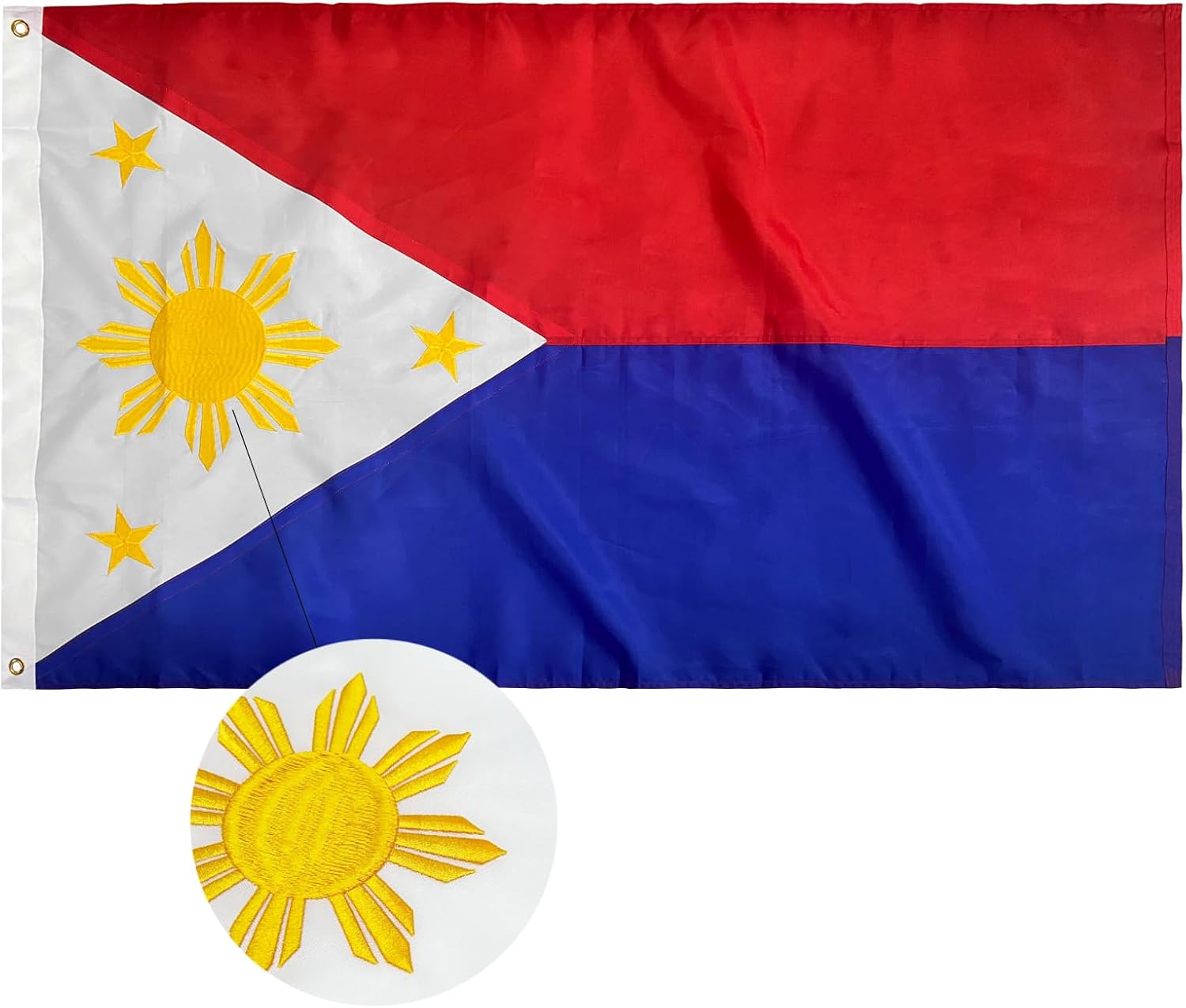 ROTERDON Philippines Flag 3x5 FT, Embroidered Philippine Flag, Filipino Philippine National Flags for Indoor/Outdoor, Heavy Duty Outdoor Sewn Stripes with 2 Brass Grommets