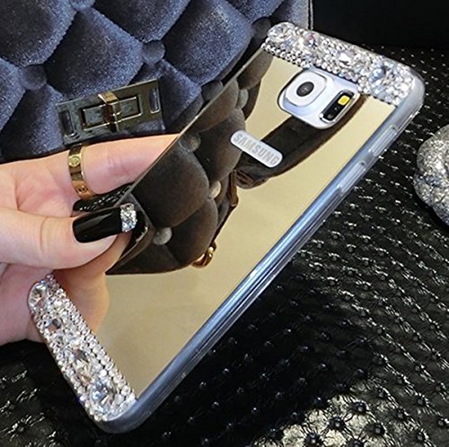 Galaxy S7 Edge Case,Inspirationc® Beauty Luxury Diamond Hybrid Glitter Bling Soft Shiny Sparkling with Glass Mirror Back Plate Cover Case for Samsung Galaxy S7 Edge--Gold Diamond