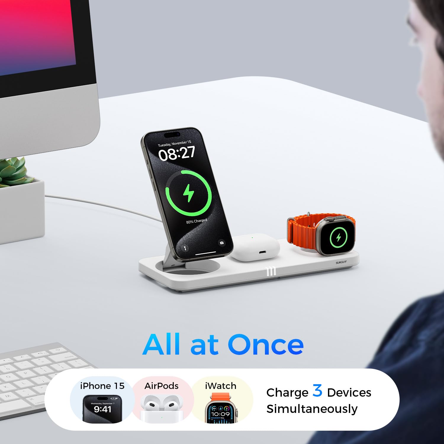 SUNGUY Bezprzewodowa ładowarka 3 w 1, indukcyjna stacja ładująca do Apple Watch i iPhone, przenośna stacja ładująca iPhone Apple Watch Airpods, biała (z zasilaczem USB-C i kablem)