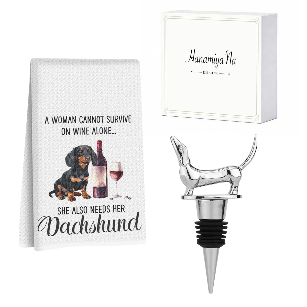 Funny Dachshund Gifts Wine Kitchen Towels with Wine Bottle Stopper