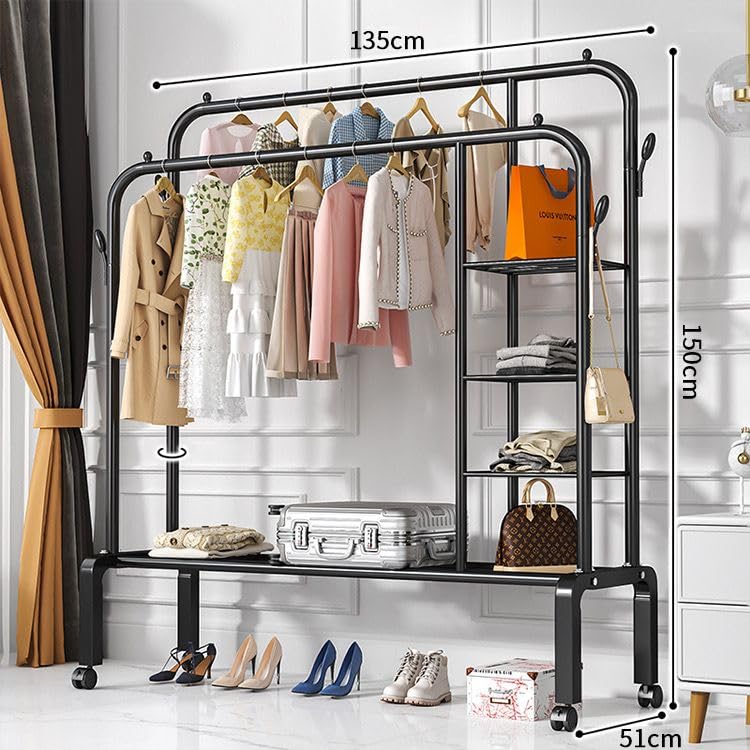 Image of HomeCloud Cloth Drying Stand | Multipurpose Dual Rod + Wheels Garments Rack with Bottom Shelf for Coat Hanger Home, Storage Organizer 1pc (Black Shelves)