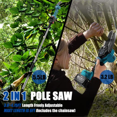 Pole Saw & Mini Chainsaw 2-In-1 Brushless Electric Chainsaw 6 Inch Cordless, 21V 2000Mah Li-Ion Battery*2, Adjustable Length 5.9Ft Range Electric Pole Saw For Wood Cutting Tree Trimming #TOP1