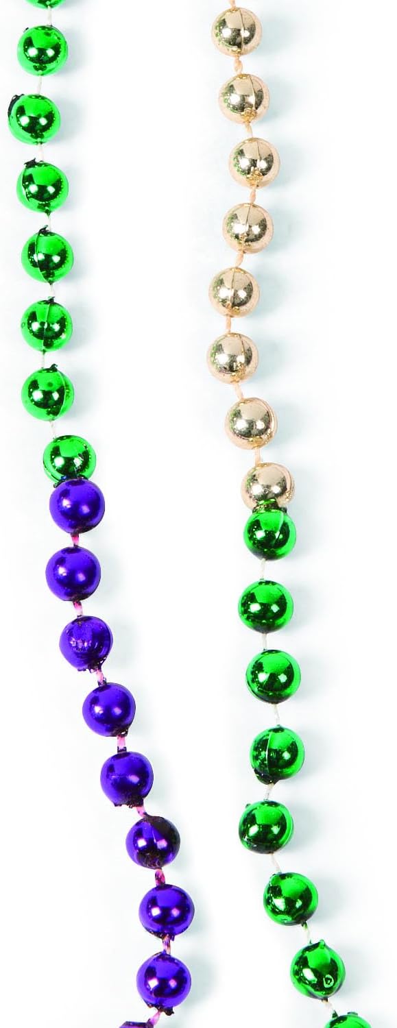 Fun Express Tri Color Metallic Mardi Gras Beads in Green, Purple and Gold (Set of 48) 30 inch Necklace on a Breakaway Cord, Great for Parades, Birthdays and Other Events