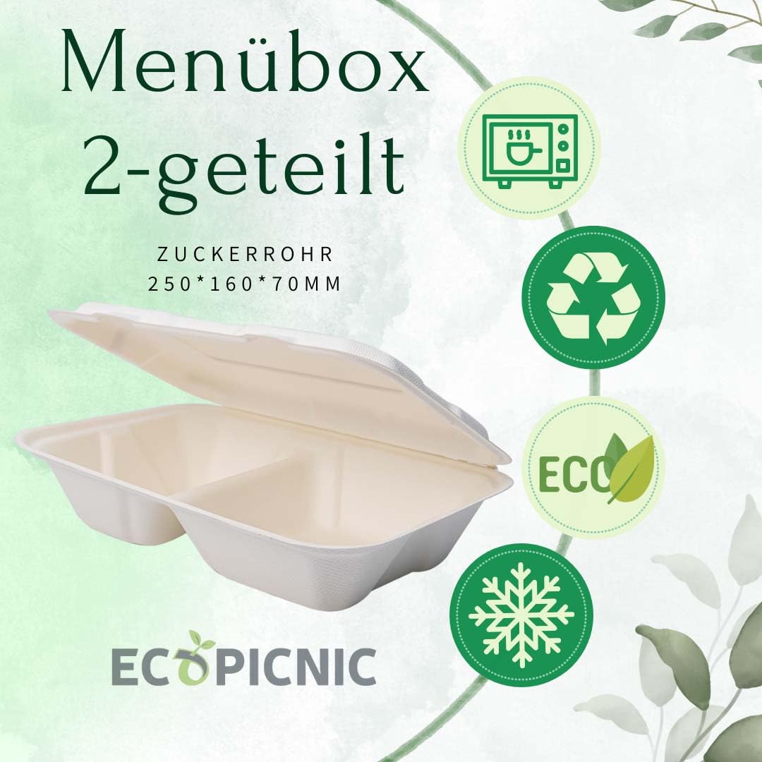 50 Stück Menübox 2-geteilt 24x16x6cm mit Klappdeckel | rechteckige Einweg Lunchboxen aus Zuckerrohr, ideal für Takeaway