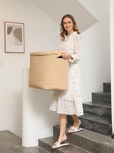 Miniatura 54 de Cesta de almacenamiento rectangular extragrande de 22 x 14 x 18 pulgadas con tapa, cesta de almacenamiento grande de cuerda de algodón, cesta
