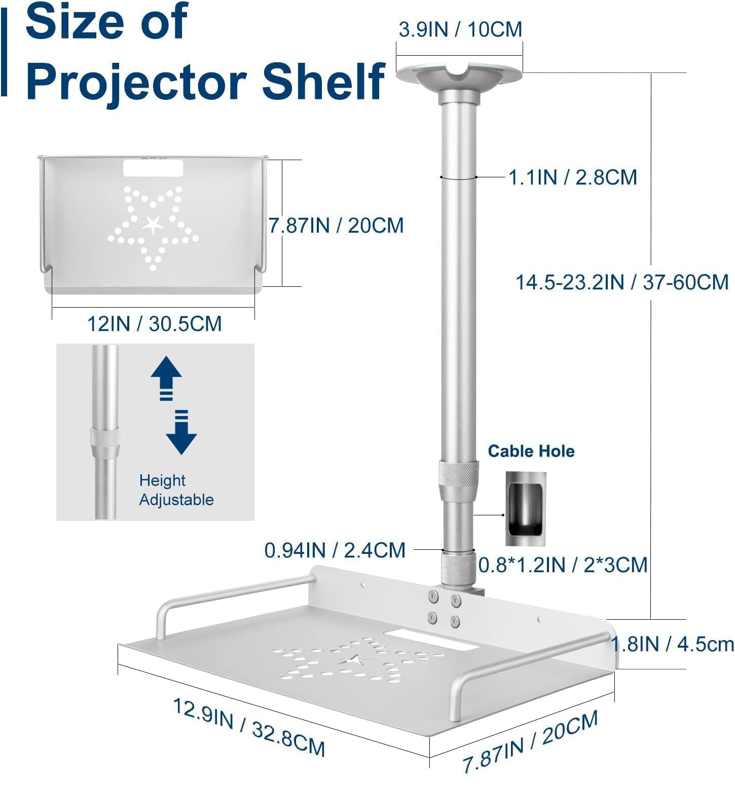 2-Be-Best Projector Ceiling Mount with Tray, 14.5-23.2IN / 37-60CM Height Adjustable Universal Projector Ceiling Mount 360° Rotation Ceiling Projectors Mounts Silver