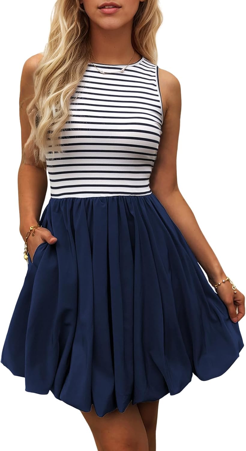 Women's Casual Bubble Mini Dress with Pockets Sleeveless Bubble Hem Striped Tank Short Dresses Summer