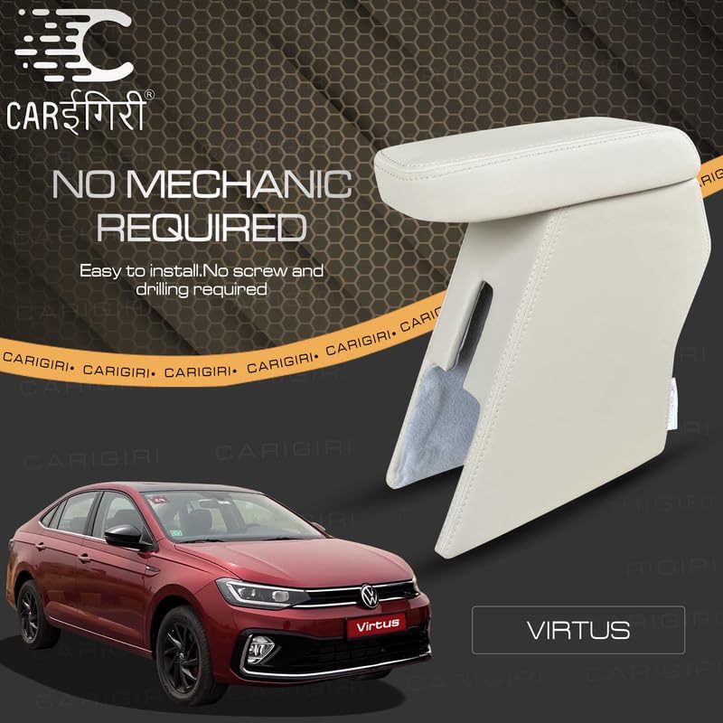 Image of Carigiri Premium Finish Car Armrest with Storage Box And High Density Moulded Foam For Volkswagen Virtus (Beige With Beige Seam,Nappa Leatherette)