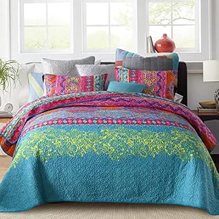 Qucover Bedspreads Double Size 220 x 240 cm Lightweight Microfiber Pink and Blue Bohemian Bedspread Quilted, Ethnic Style Quilted Bed Throws and Pillowcases for All Seasons