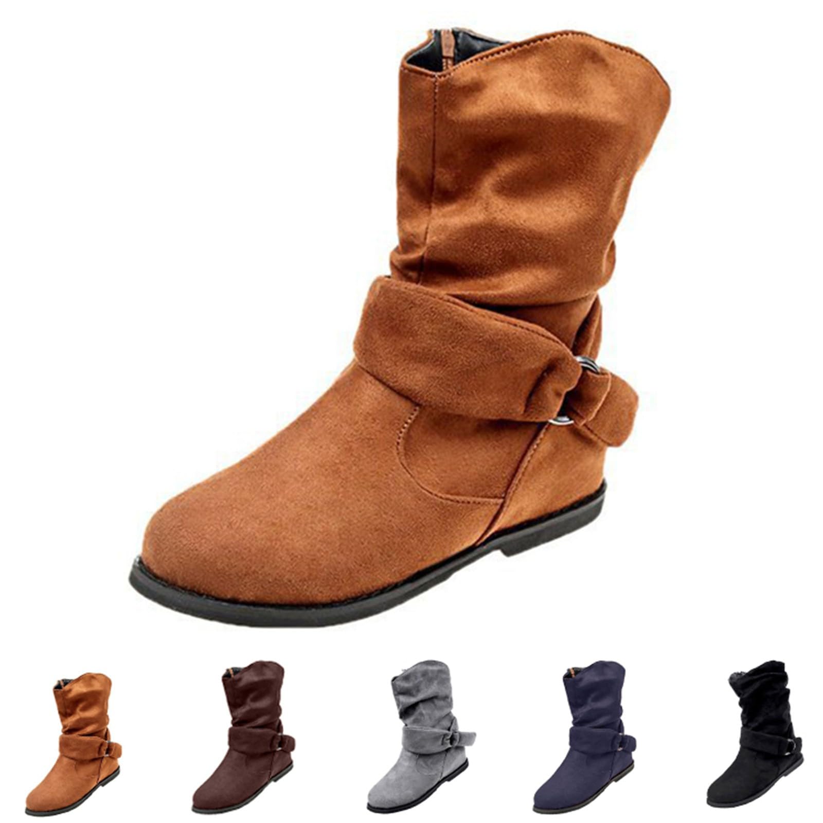FGUUTYM Bottines pour femme avec boucle - Style vintage - En cuir - Bottes mi-hautes classiques - Bottes mi-hautes - Bottes de cowboy plates en daim - Élégantes - Chaussures d'hiver pour femme