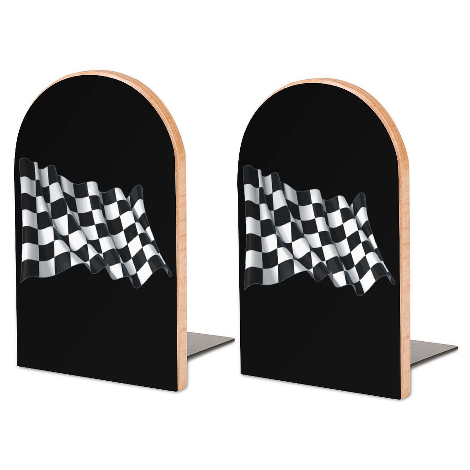 Black and White Plaid Racing Flag Bookends Heavy Duty Book Stand 1 Pair for Home Office Shelves Decorative