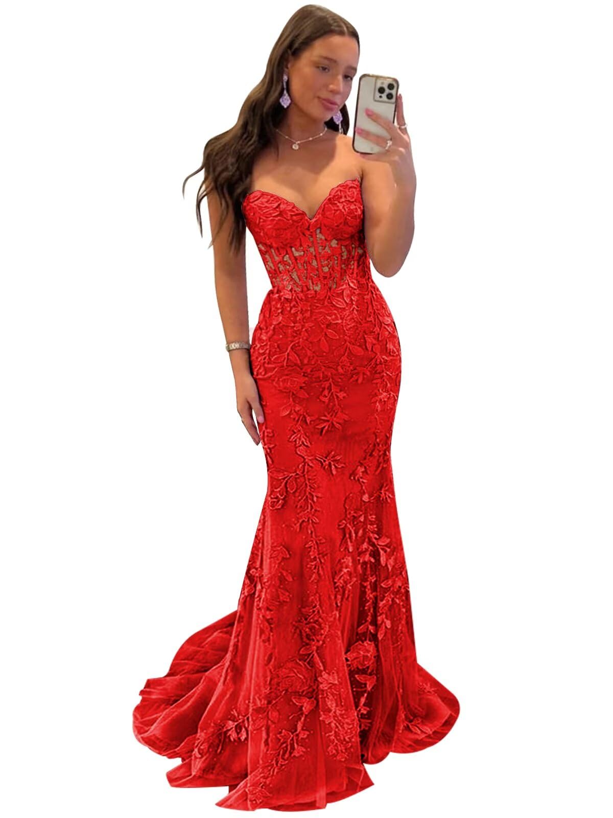 Tulle Lace Appliques Prom Dress 2025 Long Mermaid Strapless Ball Gown Evening Dresses for Women