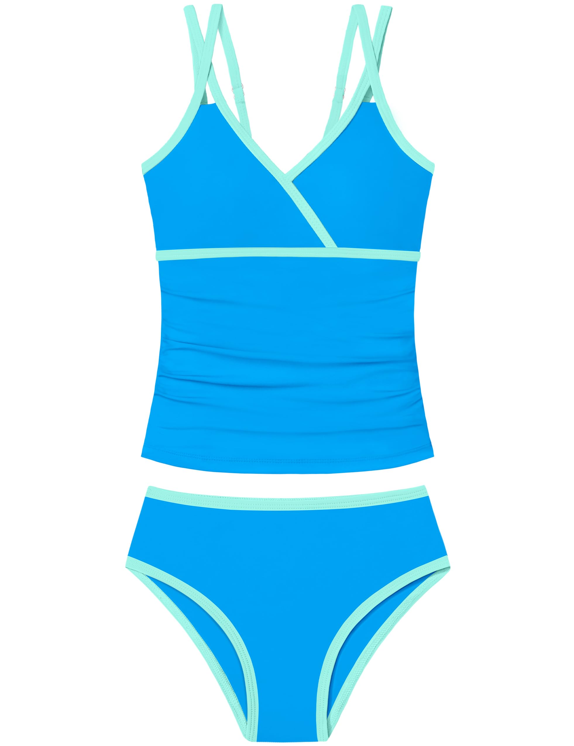 Girls Swimsuit 2 Piece Bathing Suit Criss Cross Ruched Girl Tankini Sets Printed Girls' Swimwear for 9-18 Years