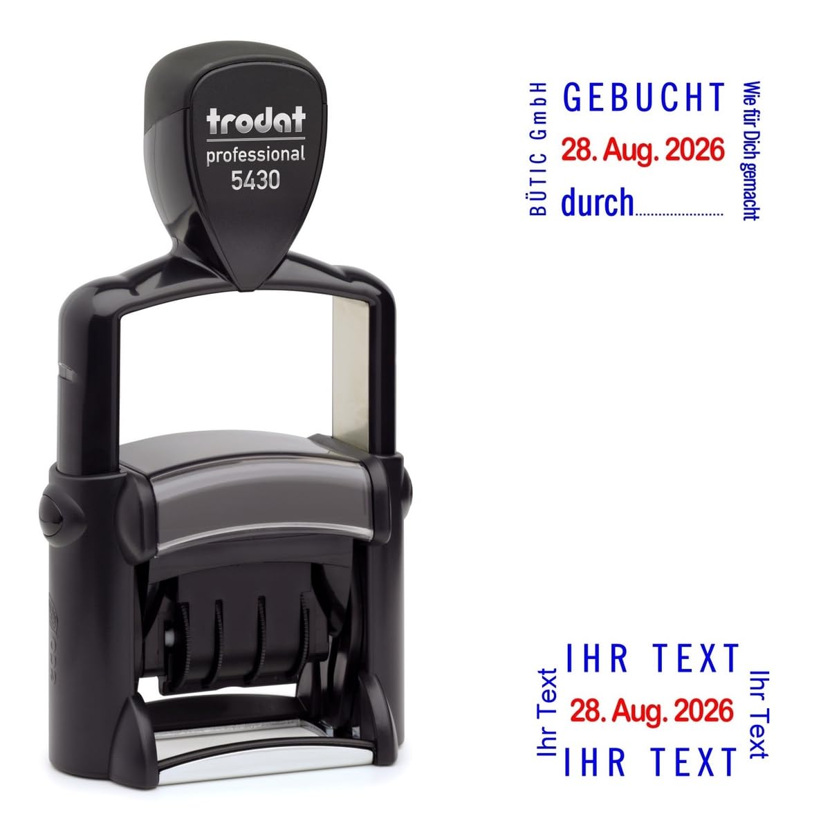 Trodat Professional Dater 5430 Datumstempel mit 2farbigem Kissen blau/rot + Wunschtext, Stempeltext:I H R T E X T 2