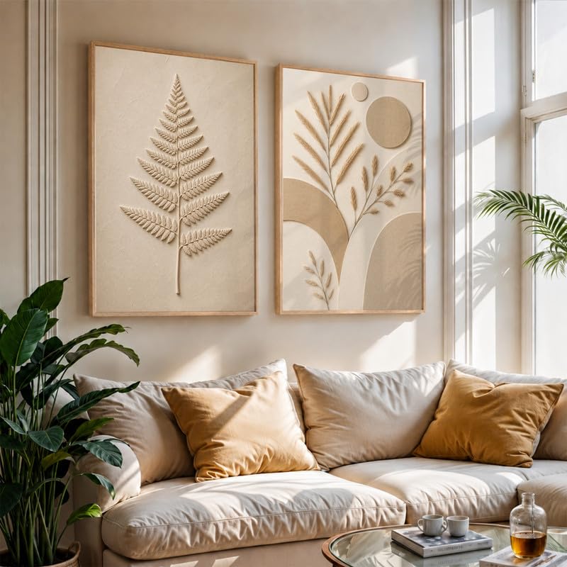 Image of NoWorries Minimal Botanical Wall Painting Set of 2 with Frame | Neutral Beige Fern Leaf & Pampas Grass Abstract Artwork, Soft Nature Wall Decor for Living Room, Bedroom, Office and Home Decoration (Art-6, 17x25inch)
