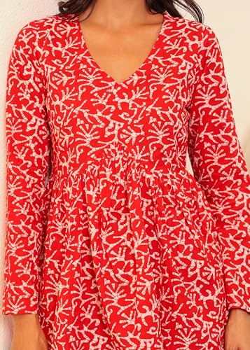 Image of LABEL ADRIJA Cotton V Neck Anarkali Short Kurti for Women Full Sleeve Floral Print | Short Kurtis for Women on Jeans