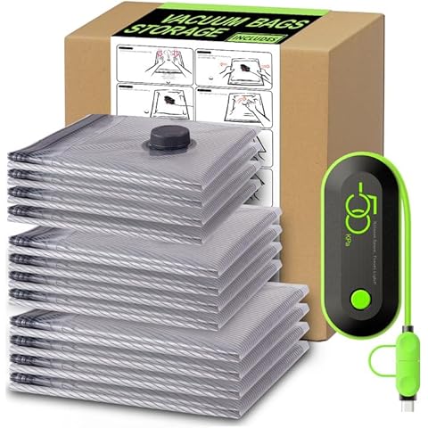 Vacbird Vacuum Bags for Travel with USB Pump, 12 Pack Carry-on Size Compression Packing Bags for Luggage and Suitcase, Space Saver Bags for Clothes and Clothing Travel Cover