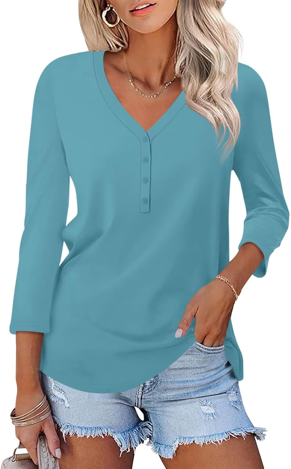 Minetom Women's V Neck 3/4 Sleeve Tops Casual Shirts Basic Summer Tees