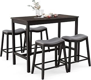 COSTWAY 5-Piece Dining Table Set for 4, Counter Height Breakfast Table and Upholstered 4 Saddle Stools, Space-Saving Design, Rubber Wood Pub Dinette Set for Bistro Dining Room Small Space, Black+Grey