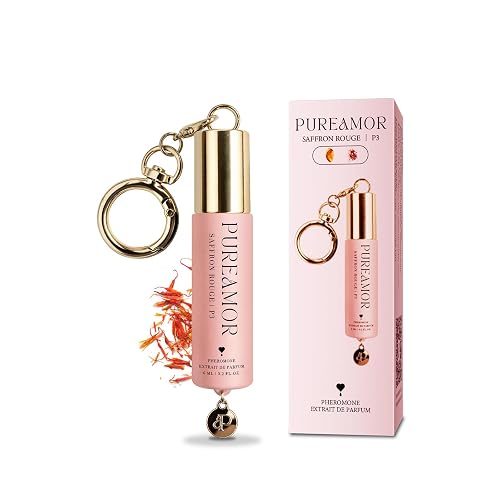 PUREAMOR Pheromone Perfume for Women, Saffron Rouge Keychain Perfume – Warm Spicy Saffron & Cedarwood, 30% High Conc, Long Lasting Roll-On, 0.2 oz / 6 ml