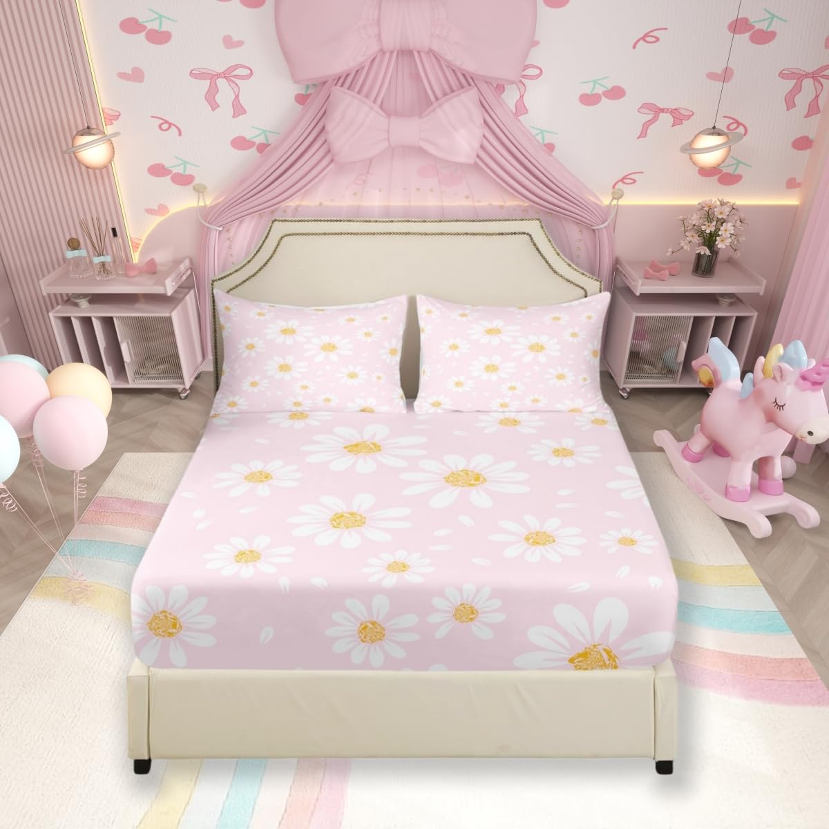 White Daisy Kids Fitted Sheet Twin Size,Flowers Plants Rustic Farmhouse Bedding Set,Girls Boys Adults Room Decor,Botanical Florals Theme Bed Cover,Pink Romantic Bed Sheet,1 Pillowcase?Not Flat Sheet?