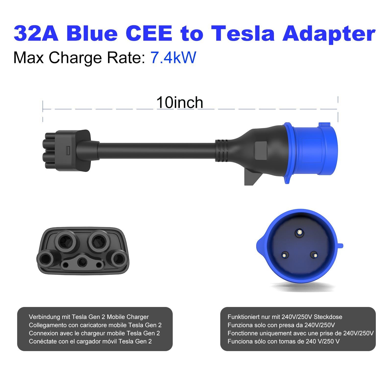 HASA zone 3-pins blauwe CEE-adapter voor Tesla Gen 2 mobiele oplader
