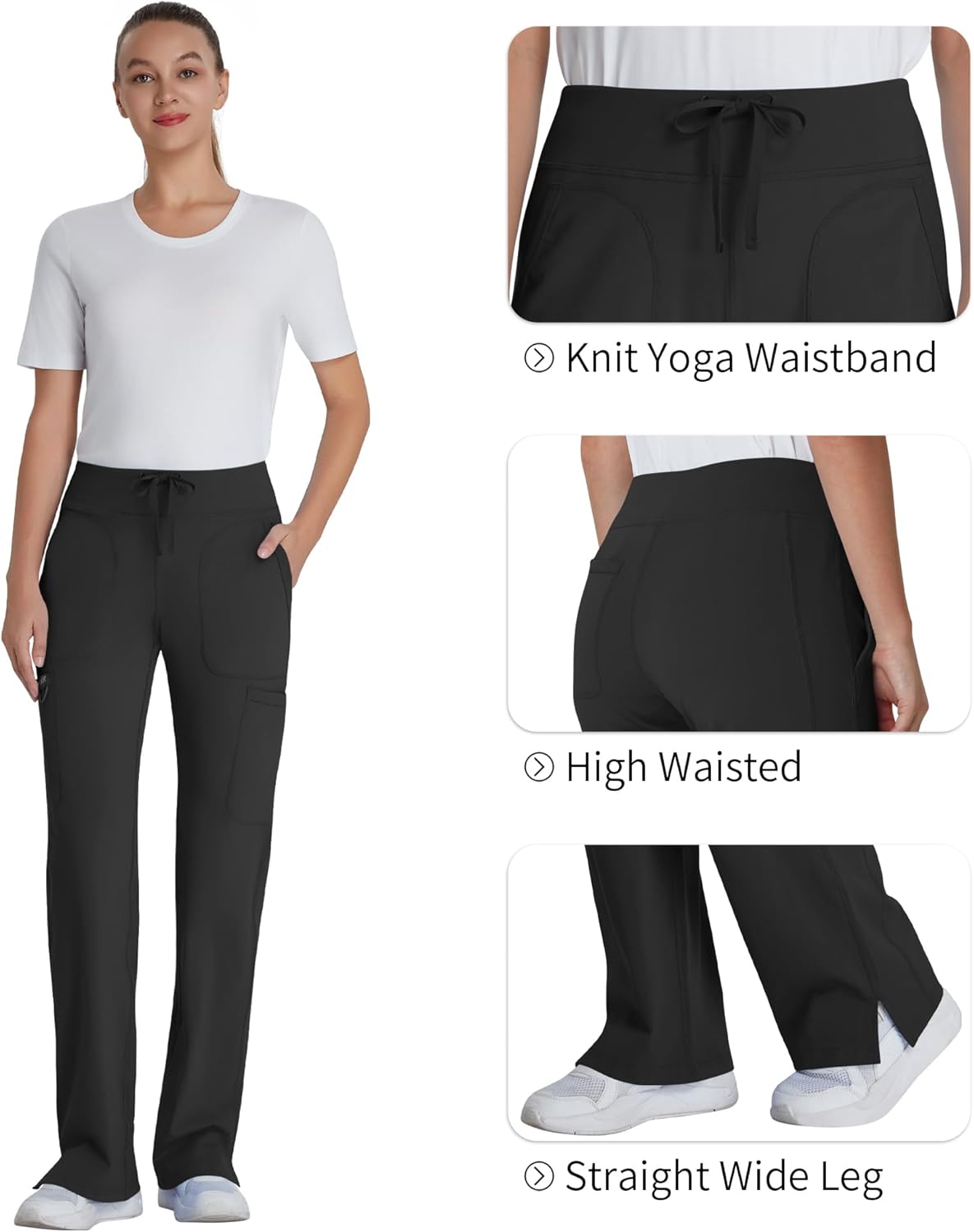 QBK Yoga Scrub Pants Women - High Waist Straight Wide Leg Uniform Pants with Cargo Pocket, Anti-Wrinkle & Knit Yoga Waistband - Image 6