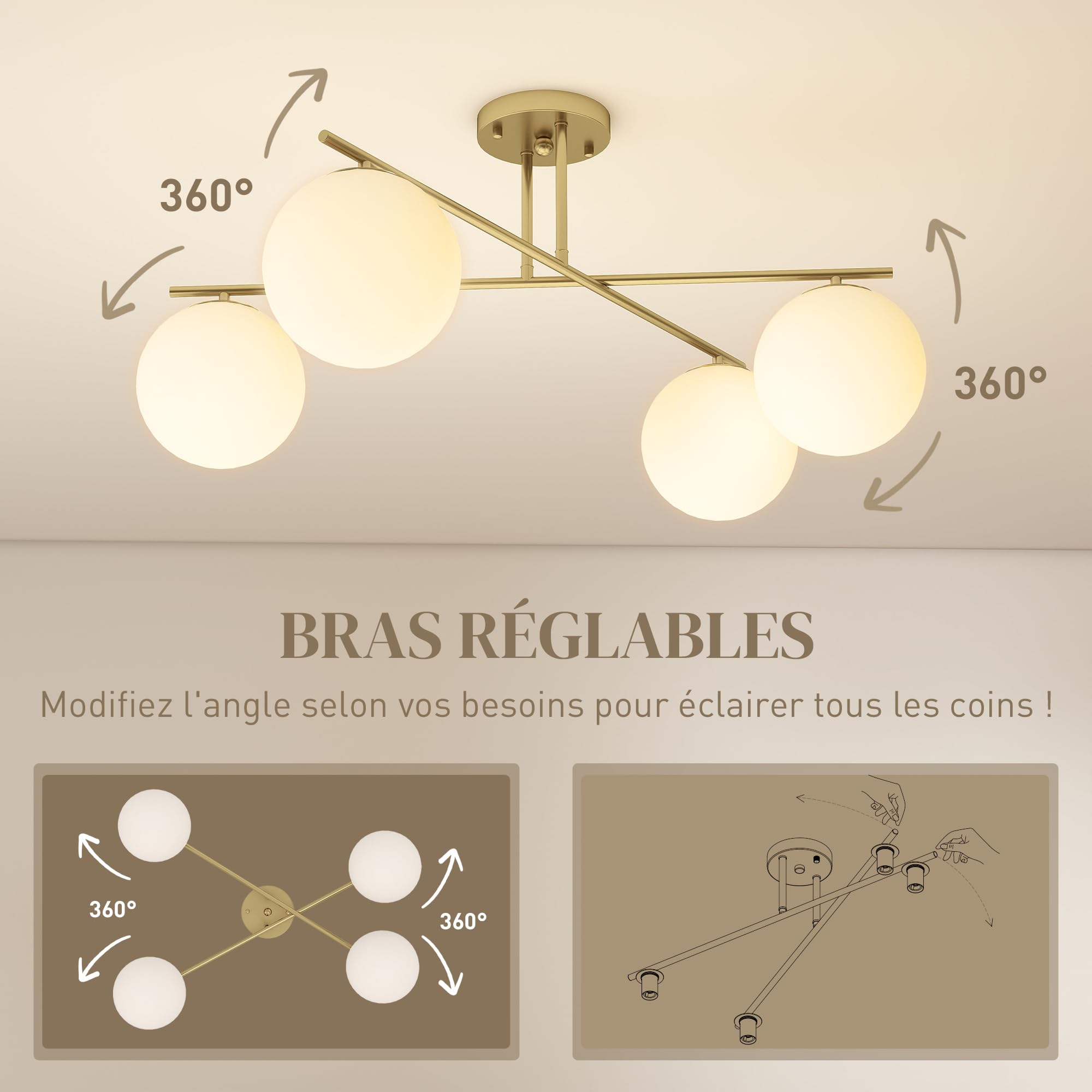 HOMCOM Plafonnier LED 40W 4 Lumières E14 Semi-Affleurant Doré et Crème