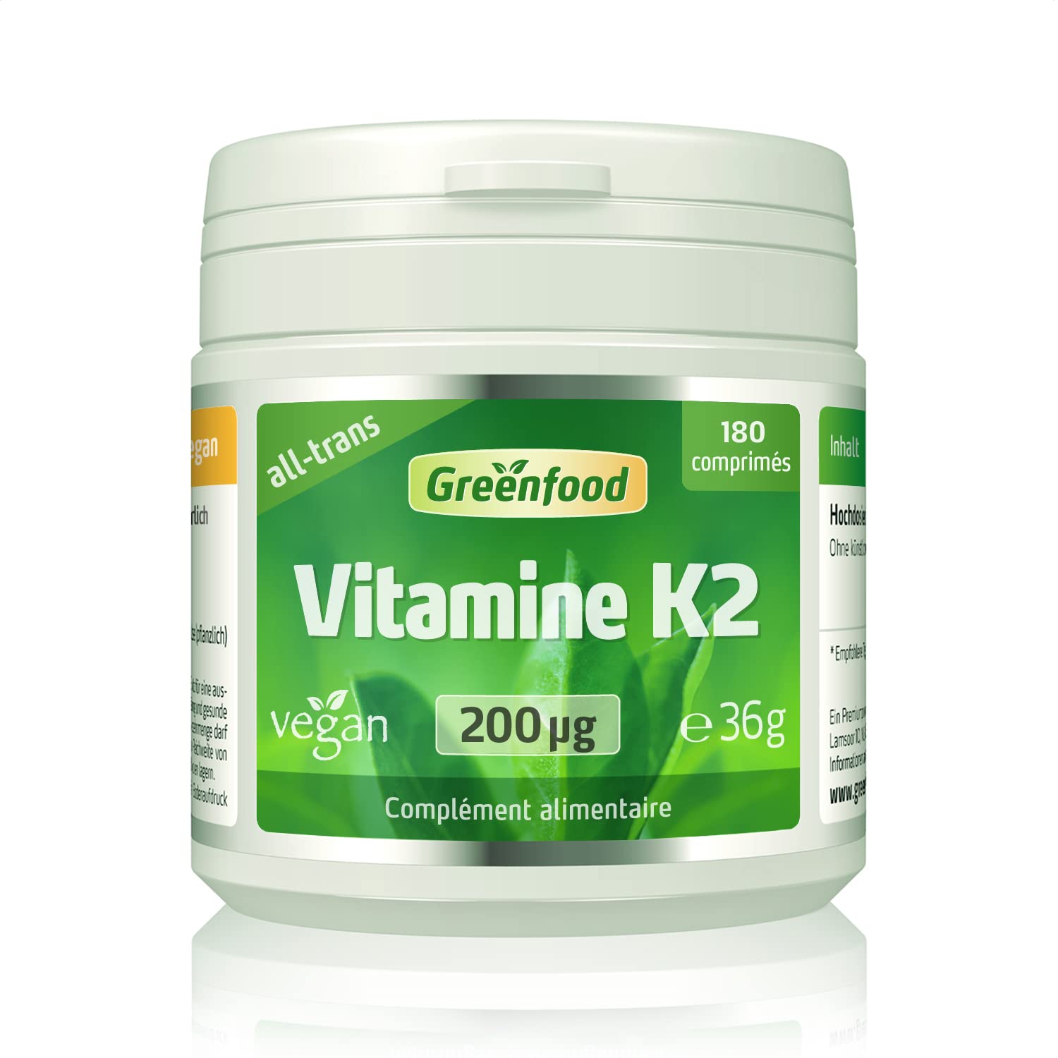 Greenfood Vitamine K2 (MK-7, all-trans), 200 µg, dose élevée, 180 comprimés, vegan - pour au maintien d'une ossature normale. SANS additifs artificiels. Sans génie génétique.
