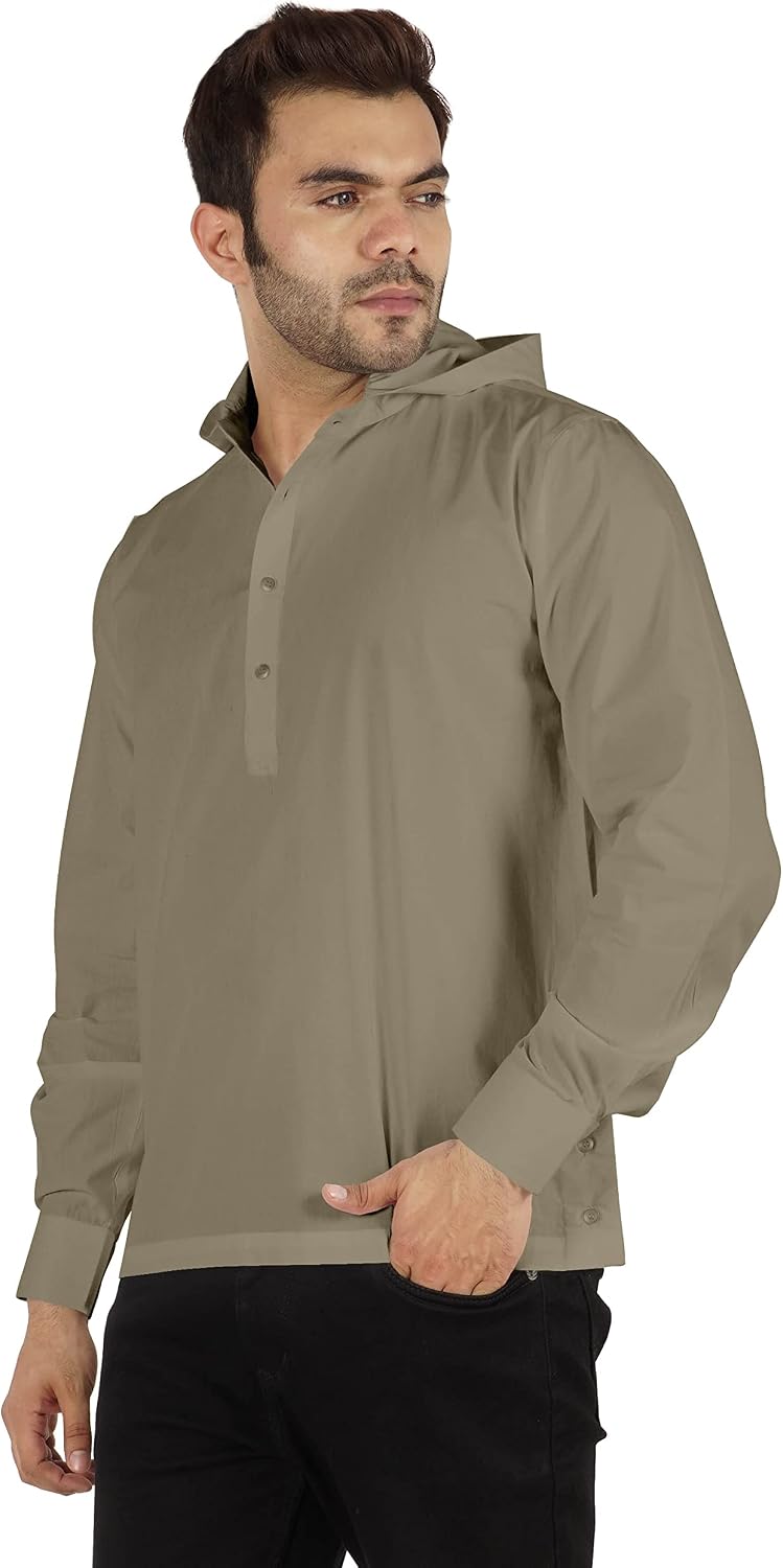 Inkmeso Solid Henley Hooded Short Kurta for Men’s Long Sleeve Cotton T-Shirt Regular Fit Summer Wear
