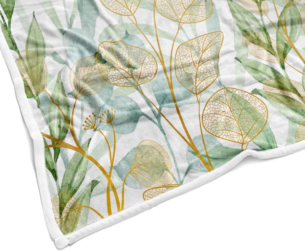 Floral Throw Blanket, Green Botanical Leaf Fleece Blanket, Soft, Flannel, Warm, Plants Leaf Aesthetic Throw Blanket, for Couch Bedroom Living Room 50X60 Inch
