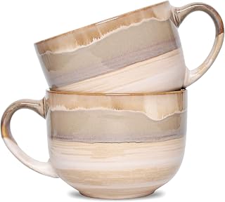 Bosmarlin 16oz Ceramic Coffee Mug Set of 2 - Large Stoneware Jumbo Latte Mugs, Dishwasher & Microwave Safe, Brown Grey for Home & Office