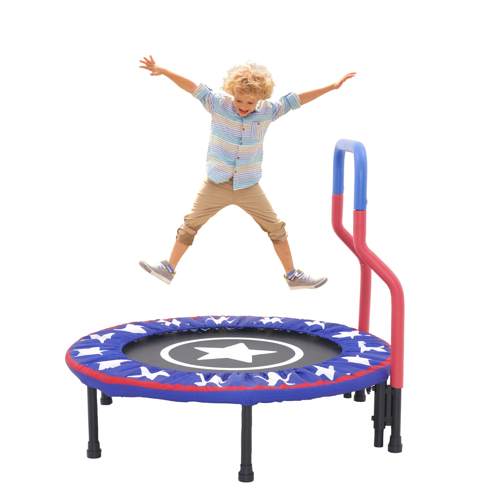 36'' Kids Trampoline Mini Foldable Fitness Trampoline Cover with Handrail and Safety Padded Indoor/Outdoor Use for Toddler Boys Girls Play and Exercise