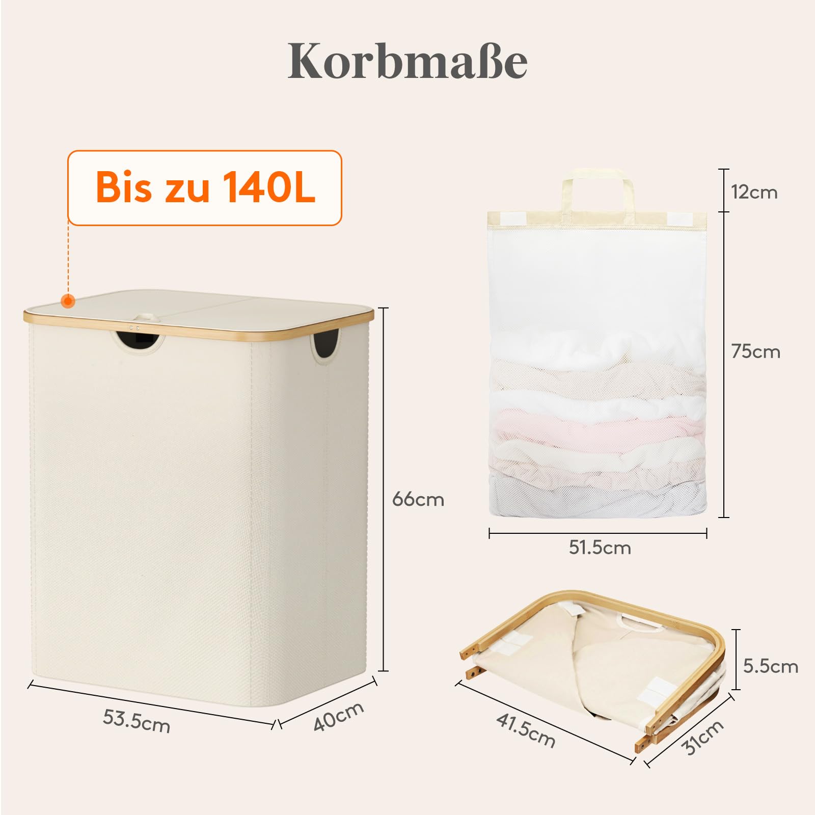 Lifewit 140L Wäschekorb mit Deckel, Große Wäschesammler 2 Fächer, Wäschesäcke, Wäschesortierer, Wäsche Sortieren, Wäschebehälter, für Wäsche, Schlafzimmer, Bad, Beige