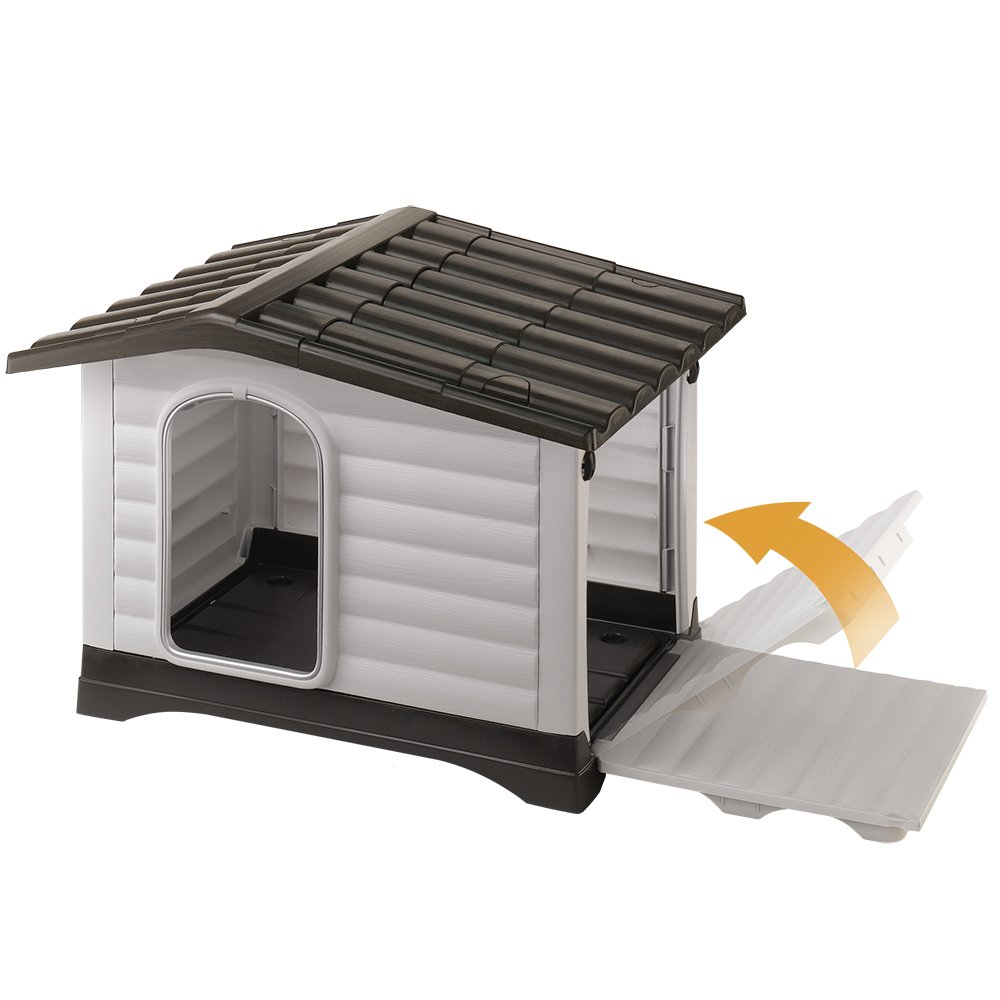 Ferplast DOGVILLA 110 Casetta per Cani, Lato Apribile, Fondo Sollevato Anti Umidità, Sistema Fuoriuscita Liquidi, Tetto Rimovibile, Porta Antimorso in Alluminio, Griglia Aerazione, 111 x 84 x h 79 cm