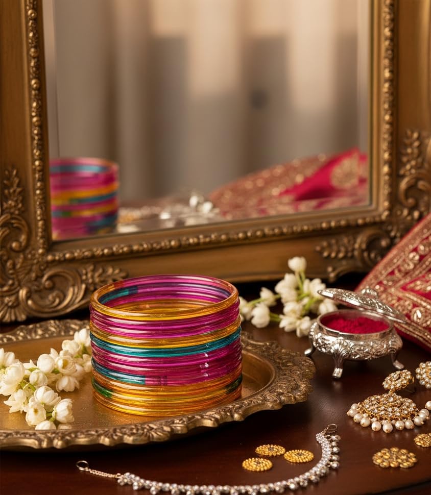 Image of ZULKA Designer Plain Glossy Glass Kada Set For Women & Girls With Diamond Cut Design | Fancy Designer Glass Bangles | Traditional Chudi | Kanch Ki Churi | Stylish Glass Kada For Wedding - Set Of 8