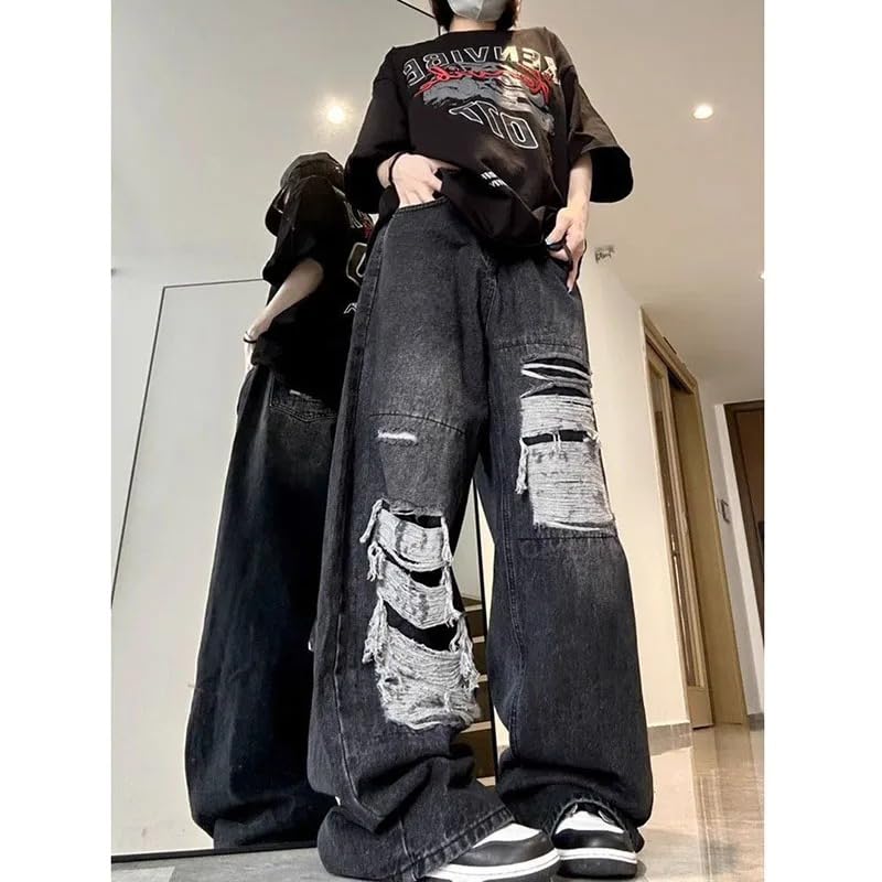 Women's Gothic Pants Vintage Korean Fashion Y2k Streetwear Ripped Pants Harajuku Casual Wide Leg Denim Trousers3