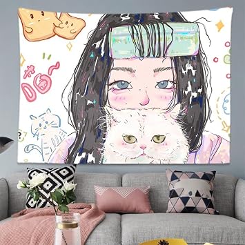 SUFUZEGA Kawaii Japanese Cartoon Girl Tapestry Cute Wall Hanging for Bedroom Dorm Apartment Decor Aesthetic Manga Art Backdrop Q01,80 L x 60" W