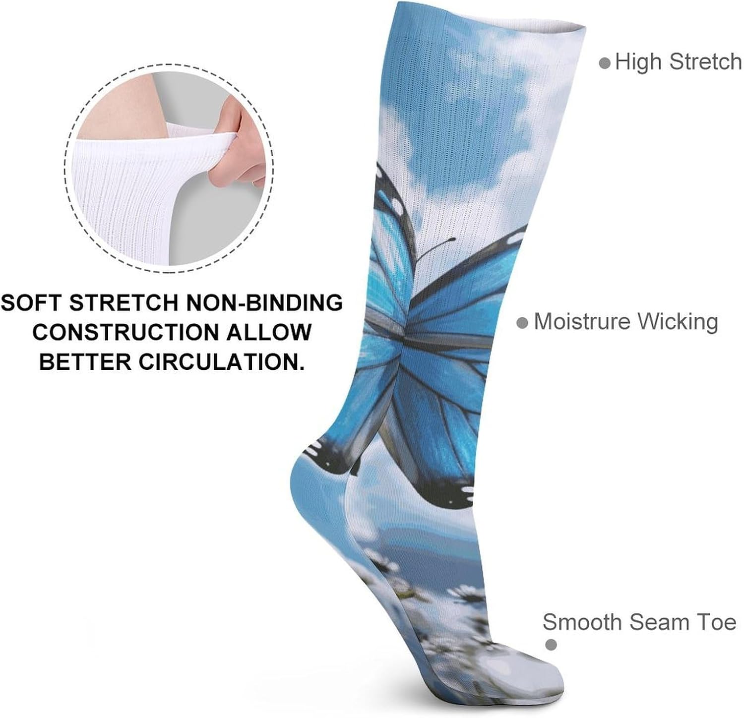Breathable Crew Sock, Moisture Wicking, Athletic Calf Socks, Cozy | Blue Butterfly And Clouds Compression Socks for Women Men, Lightweight High Work Socks for Business, Casual