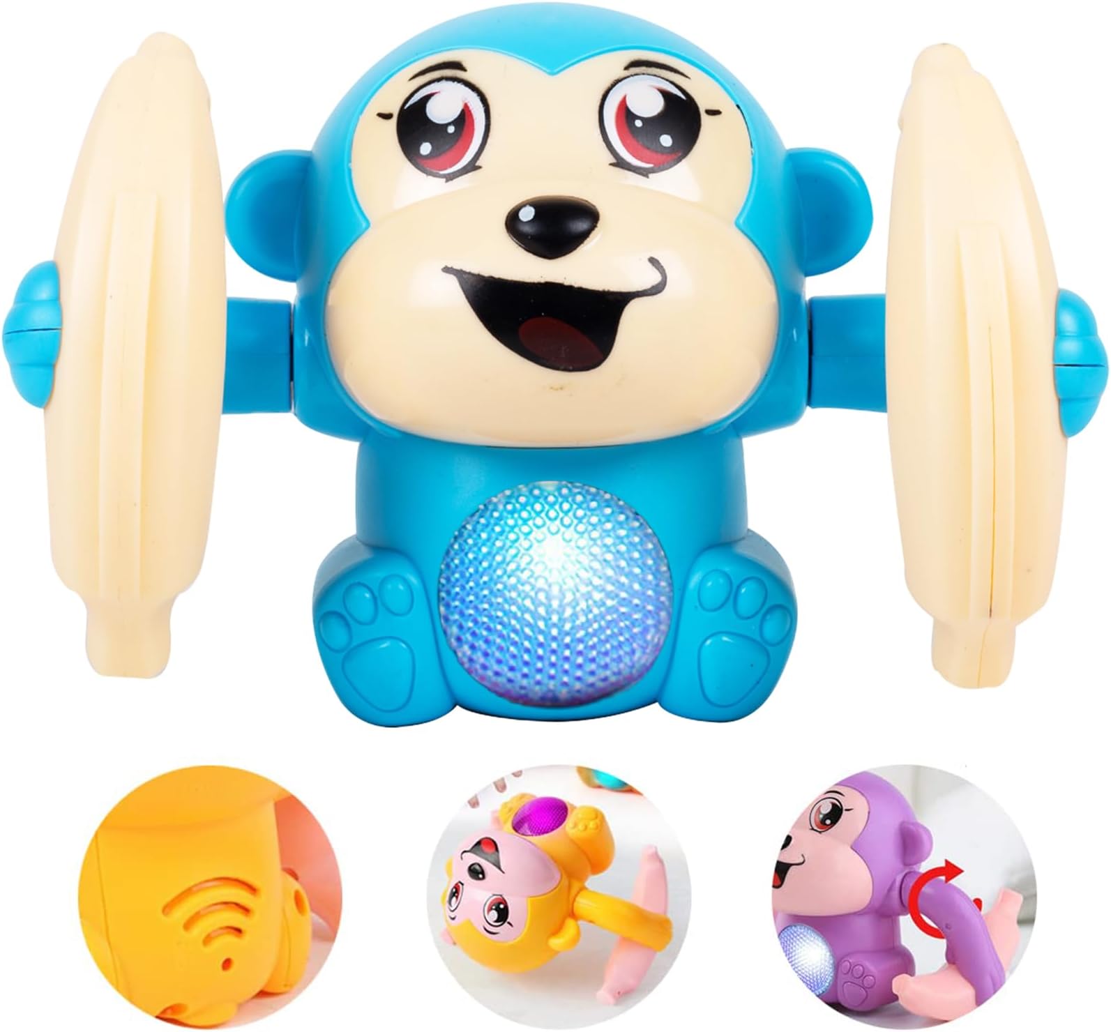 Gooyo GY-2029 Voice Control Banana Dancing Monkey Toy | Spinning, Rolling and Tumbling Toy for Kids with Bright LED Lights & Sound Effects | Blue | 3xAAA Battery (Not Included)