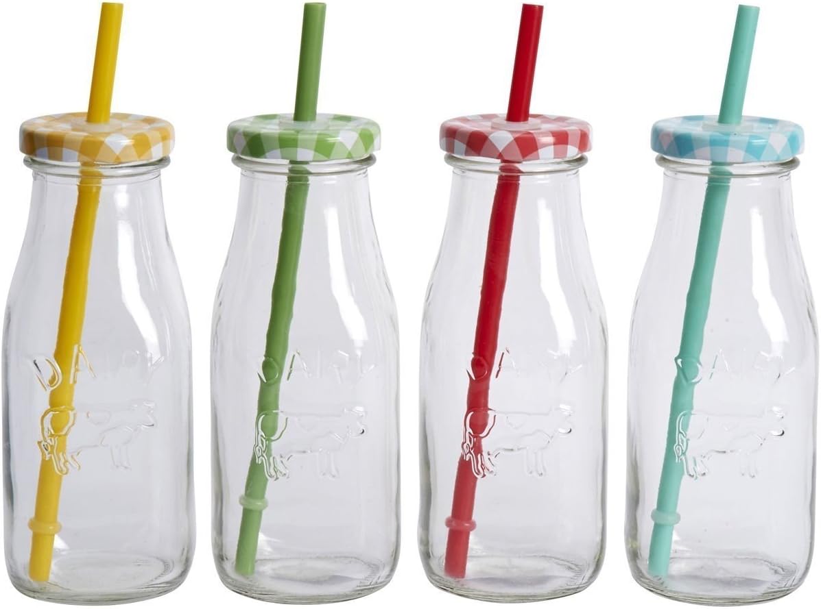 Homes on Trend Set of 4 Small Glass Milk Bottles in Metal Crate Retro