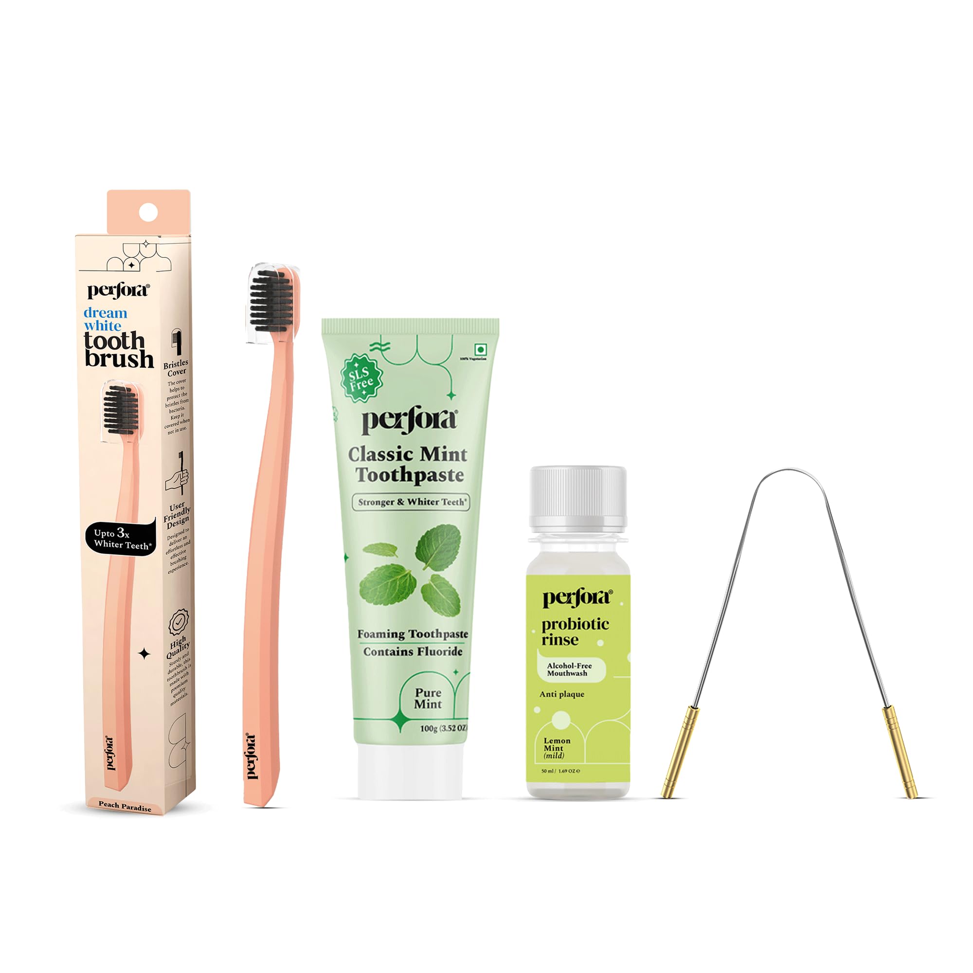 Perfora Economical Combo - Pack of 4 | Dream White Toothbrush(Peach), Lemon Mint Mouthwash, Classic Mint Toothpaste & Tongue Cleaner | Super Soft Bristles | SLS Free Toothpaste |Alcohol Free-image-25